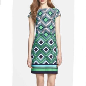 Eliza J Geometric Art to Wear Unique  Green Navy Cap Sleeve Shift Midi Dress